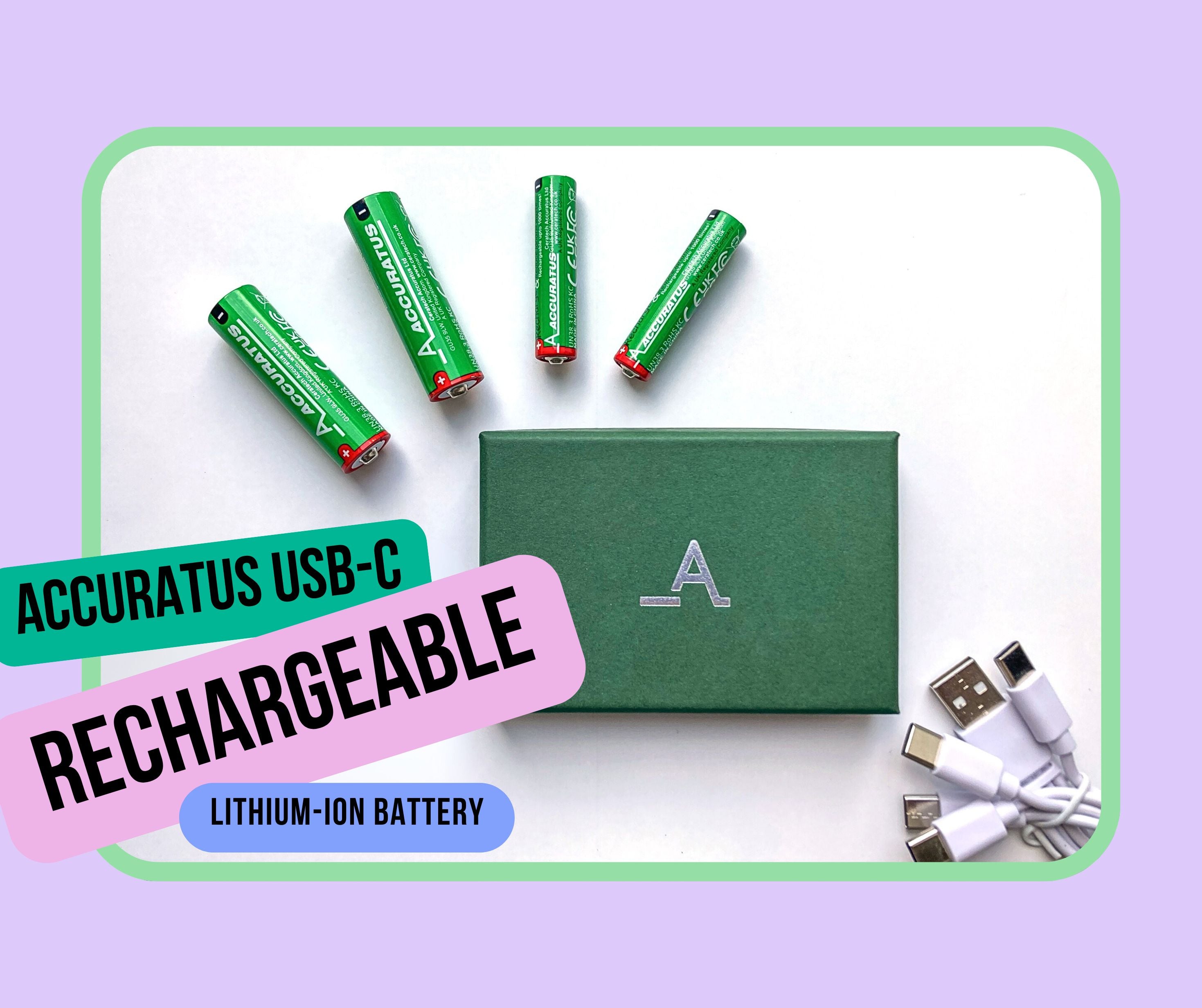 Accuratus Power-Up Batteries - USB-C Rechargeable Lithium-ion AA x2 & AAA x2 Battery Set