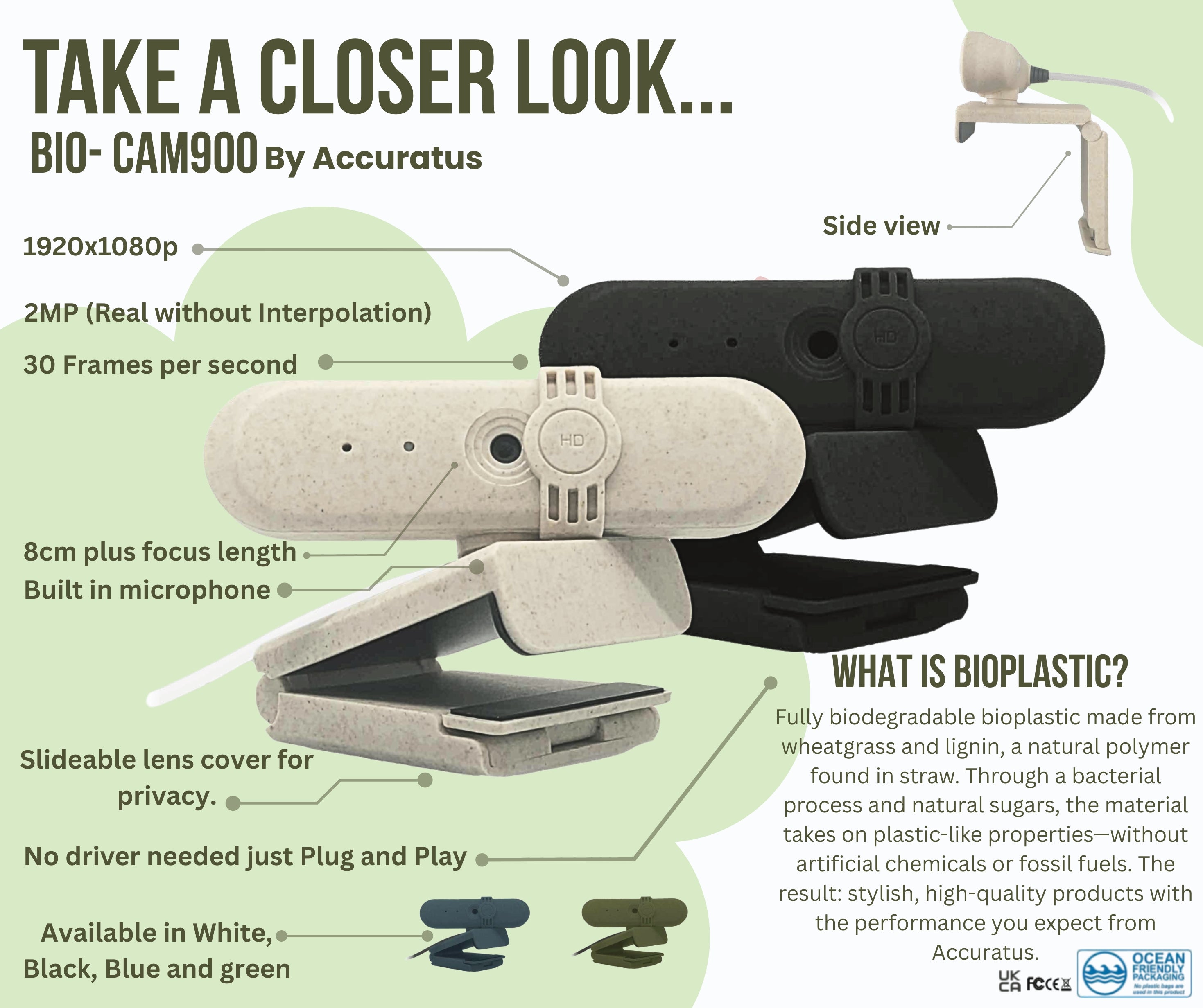 Accuratus BIO CAM900 Webcam - Full HD USB Webcam with White Biodegradable Plant Based Resin Case