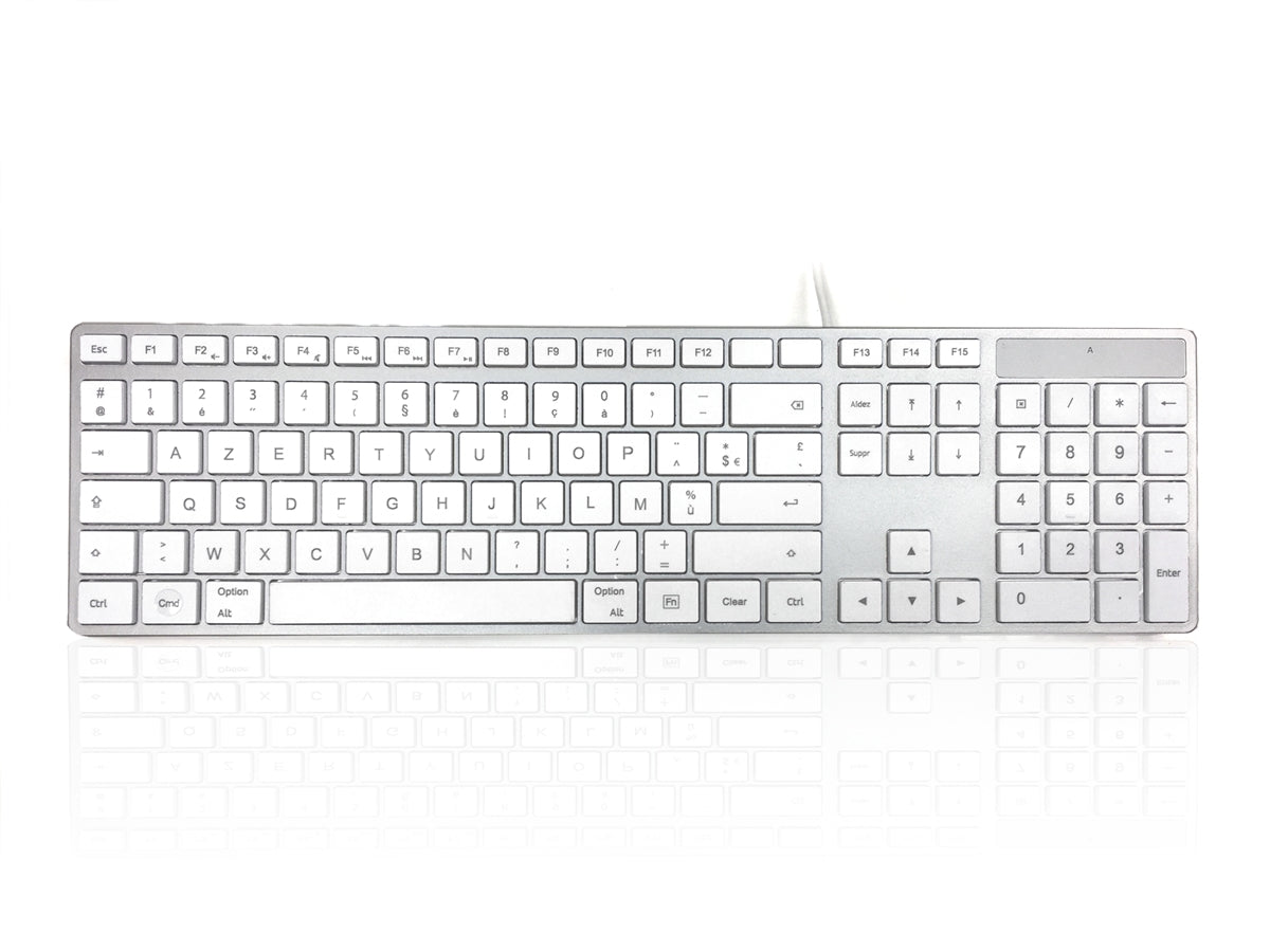 Accuratus 301 MAC - USB Wired Full Size Apple Mac Multimedia Keyboard with White Square Tactile Keys and Silver Case - FRENCH Keyboard Layout