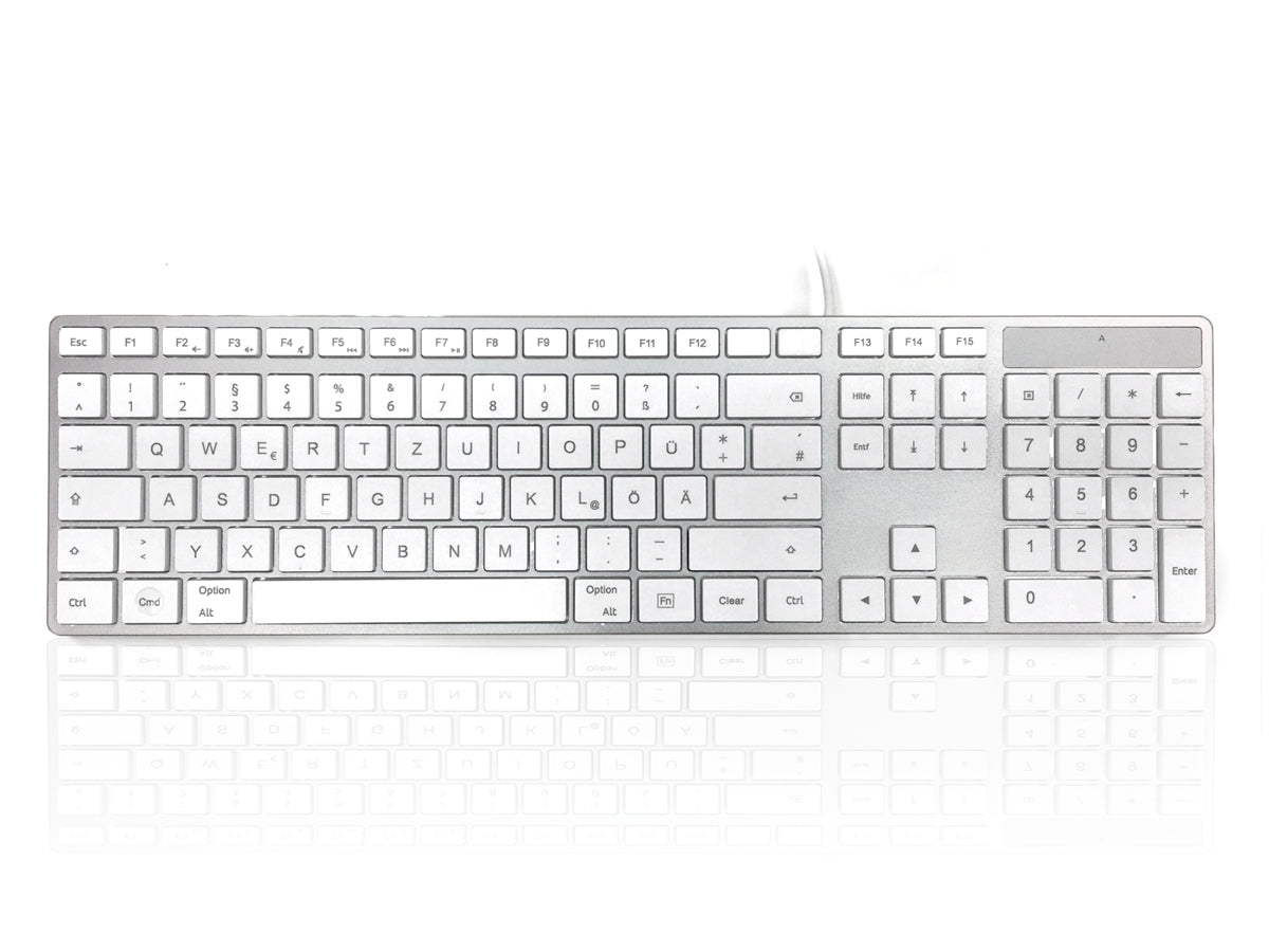 Accuratus 301 MAC - USB Wired Full Size Apple Mac Multimedia Keyboard with White Square Tactile Keys and Silver Case - GERMAN Keyboard Layout