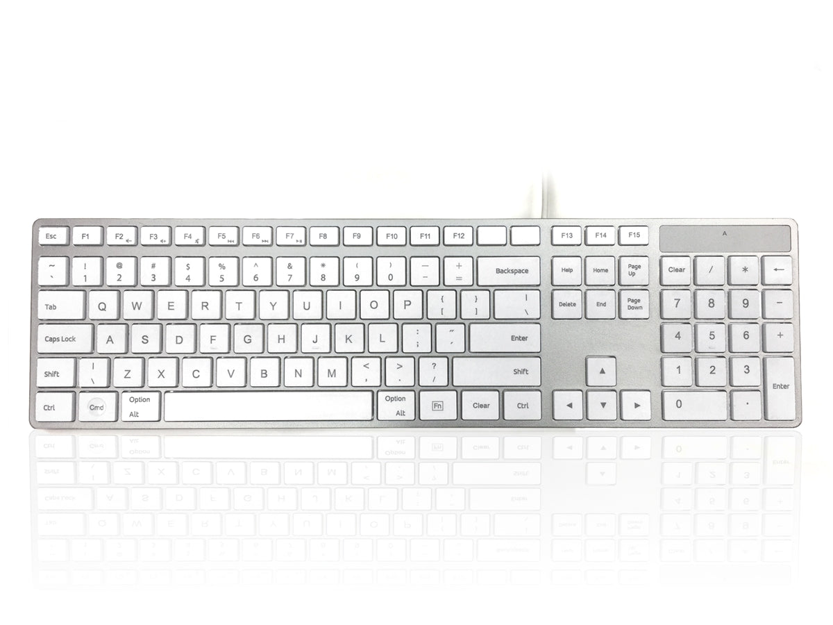 Accuratus 301 MAC - USB Wired Full Size Apple Mac Multimedia Keyboard with White Square Tactile Keys and Silver Case - US English Keyboard Layout