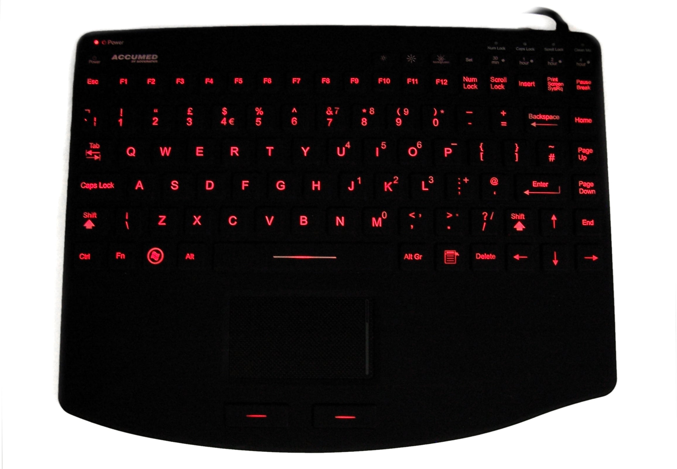 Accuratus AccuMed 540 V2 Backlit - USB Mini Sealed IP67, LED Red Backlit Antibacterial Clinical / Medical Keyboard with Large Touchpad